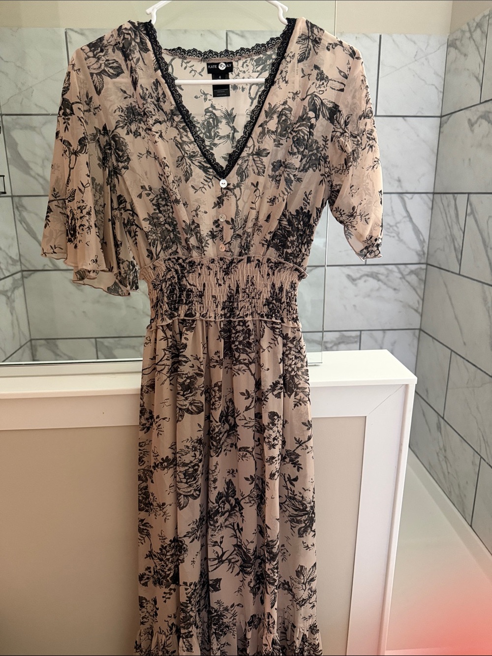Floral Lace-Trim Beige Maxi Dress